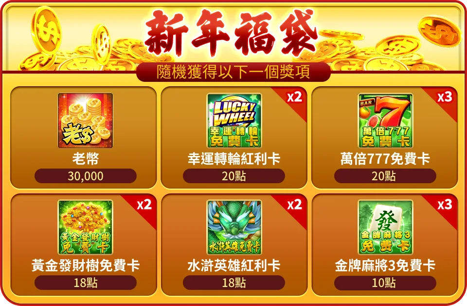 老子有錢優惠:曾國城代言,免費送發財金、首次儲值回饋、續儲接著送! 9 每個 霸旺小金蛇 贈送「新年福袋」2個。